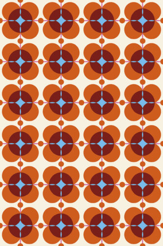 Orange Retro Floral removable wallpaper with repeating orange flower shapes, burgundy circles, and blue diamond centers on a cream ground.