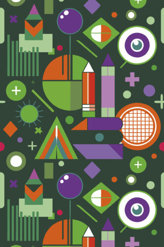 Green Geometric School Element removable wallpaper with playful circles, diamonds, and abstract shapes in orange, purple, and green.