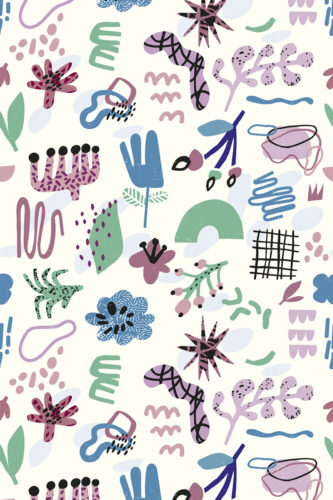 Playful Ivory Abstract Shapes removable wallpaper with scattered doodle-like flowers, squiggles, and geometric marks in pastel colors.