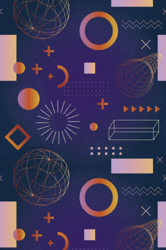 Bold Navy Geometric Shapes removable wallpaper features neon-gradient circles, wireframe spheres, and grid shapes on a deep navy background.