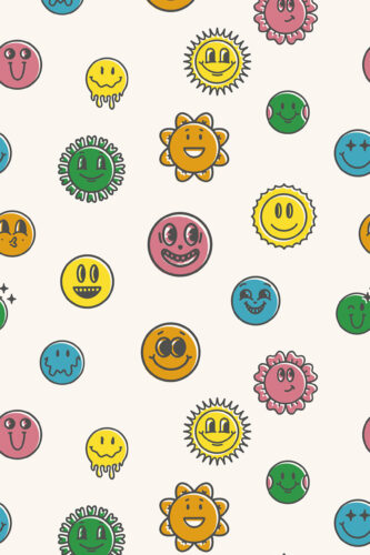 Bold Ivory Smiley removable wallpaper with scattered colorful smiley faces and sunburst shapes on an ivory background.