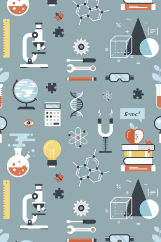 Playful Teal Science Icons pre-pasted wallpaper features a teal pattern of microscopes, formulas, and lab tools on removable wallpaper.