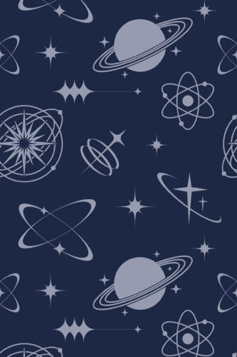 Retro Navy Blue Celestial removable wallpaper with light gray planets, starbursts, and atomic orbits scattered across a dark navy background.