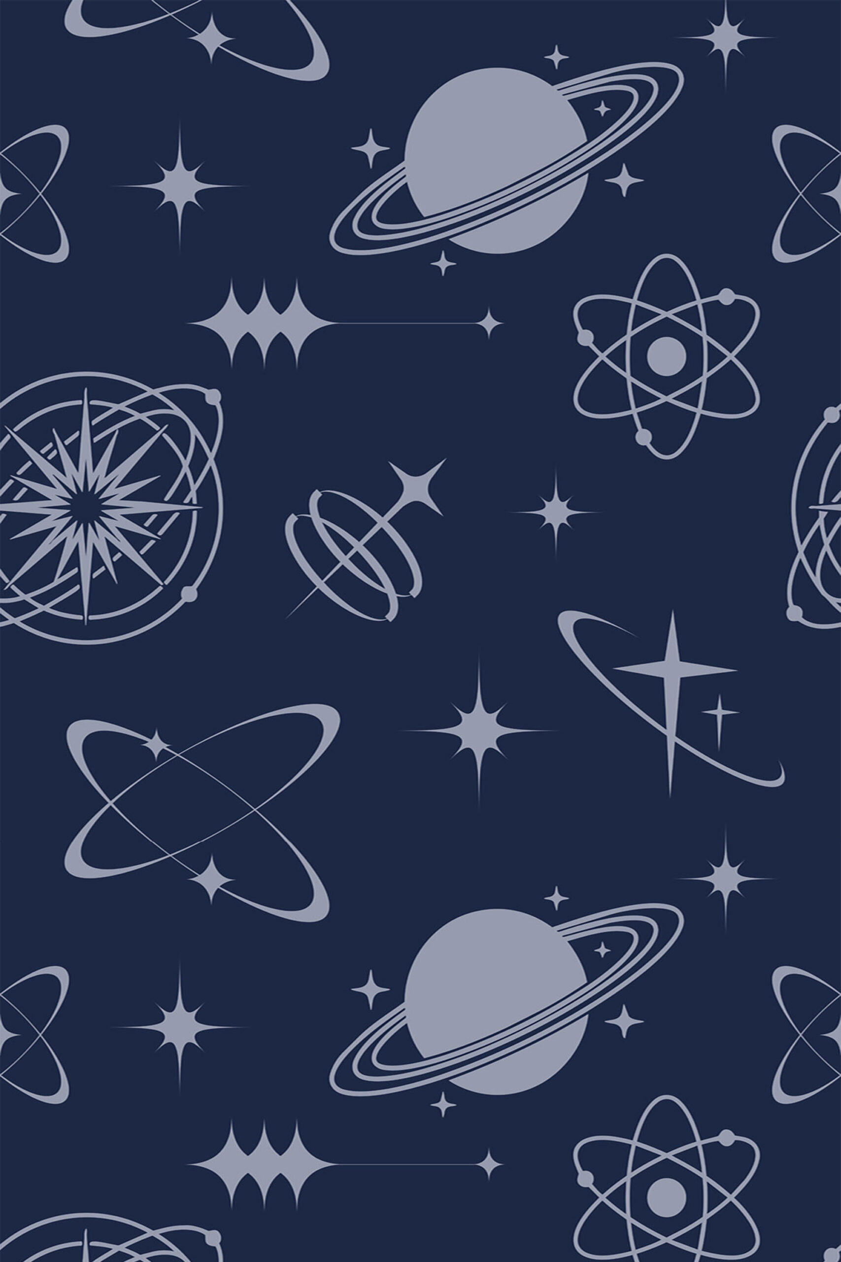 Retro Navy Blue Celestial removable wallpaper with light gray planets, starbursts, and atomic orbits scattered across a dark navy background.
