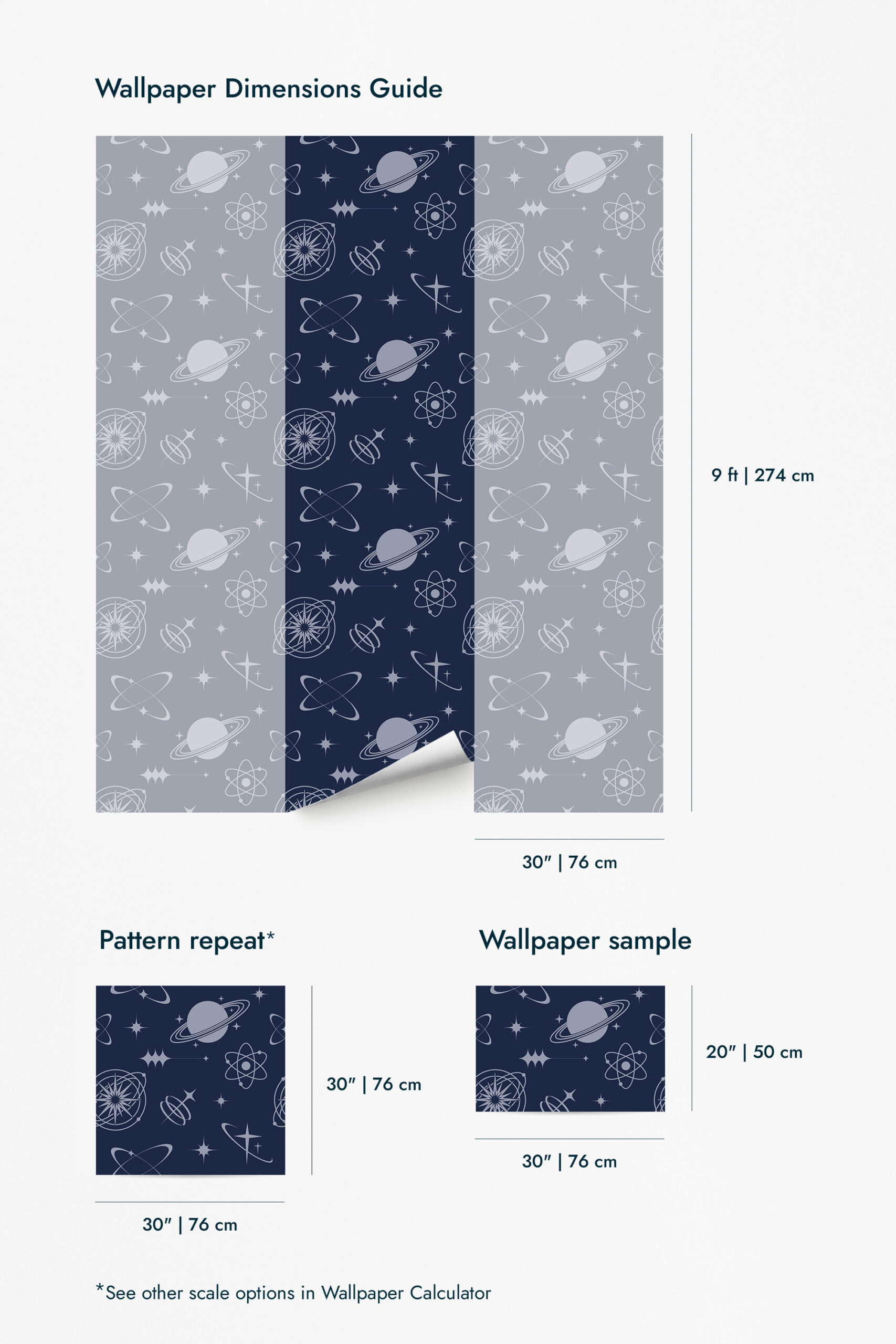 Retro Navy Blue Celestial wallpaper for walls shown in a 9 ft by 30 in panel with planets, stars, and atomic line drawings.