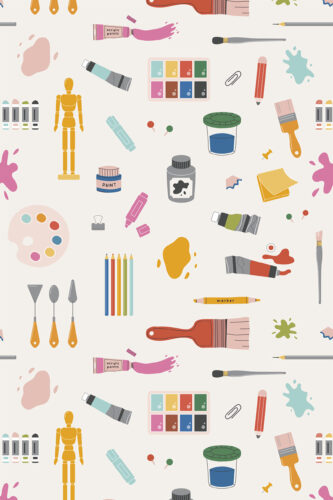Fun Cream Art Supplies removable wallpaper with scattered paintbrushes, pencils, paint tubes, palettes, and splashes on cream.