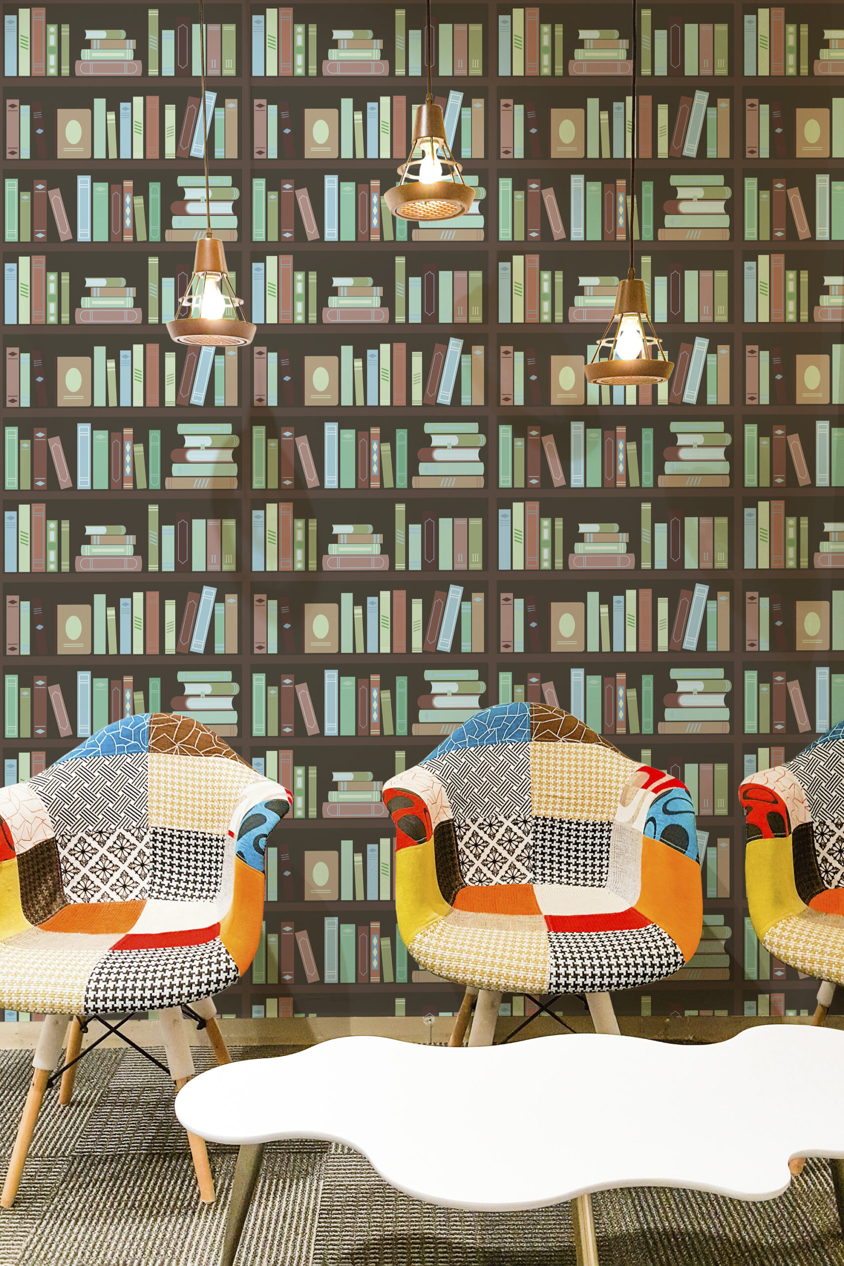 Vintage Brown Bookshelf traditional wallpaper with rows of illustrated books across a full wall behind colorful chairs.