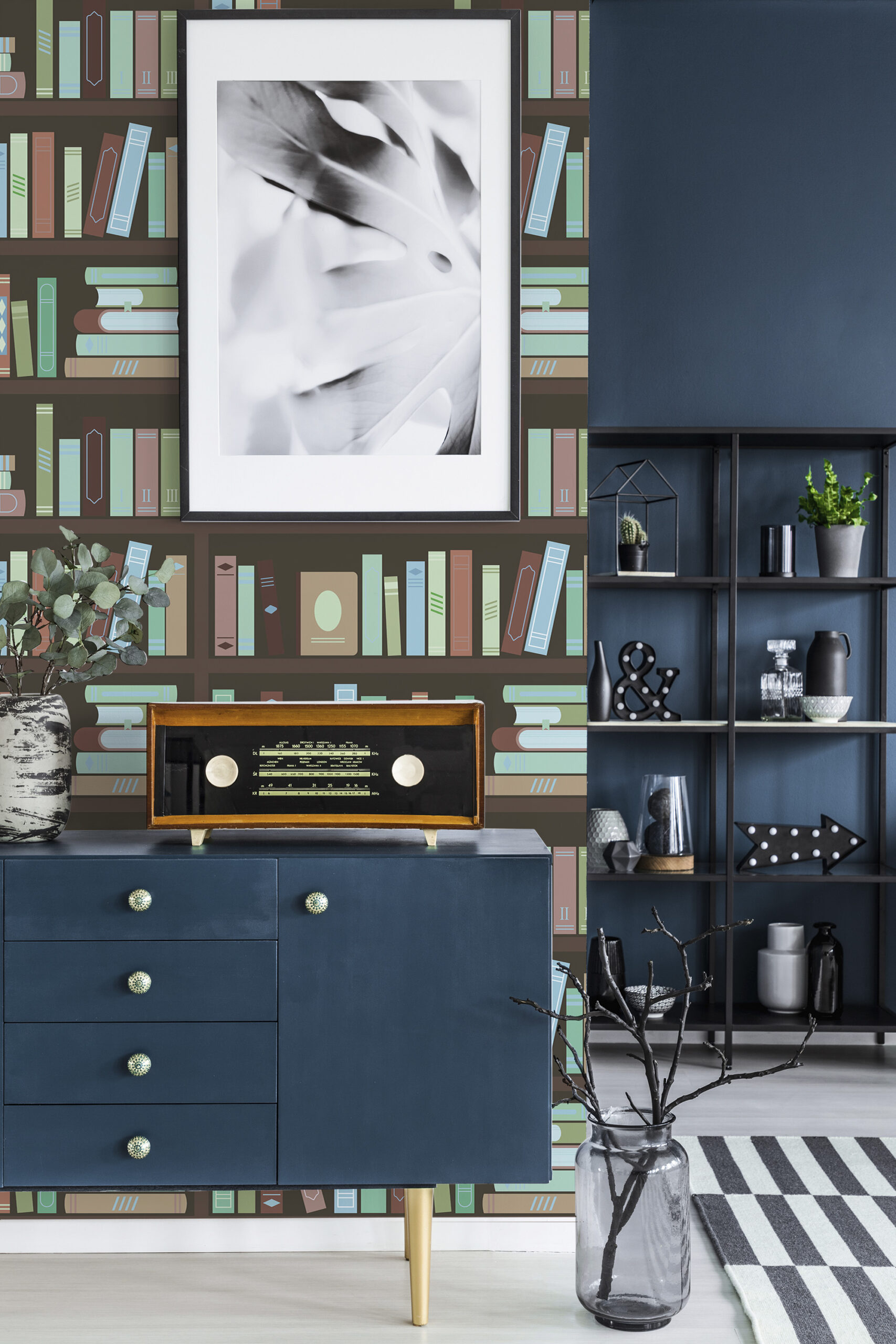Vintage Brown Bookshelf pre-pasted wallpaper with illustrated books on brown shelves, creating a library-style accent wall.