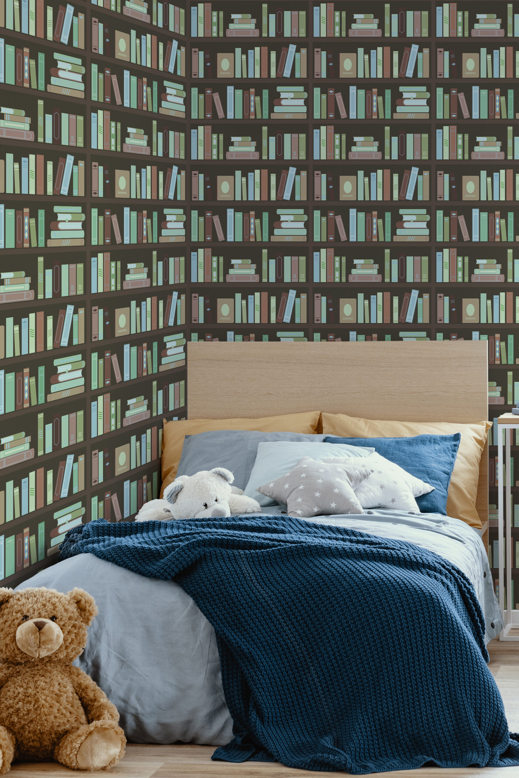 Vintage Brown Bookshelf non-pasted wallpaper with illustrated bookshelves covering a bedroom wall behind a wooden bed.