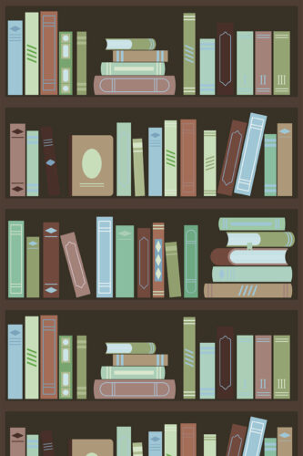 Vintage Brown Bookshelf removable wallpaper with illustrated books lined on shelves in muted greens, blues, and browns.