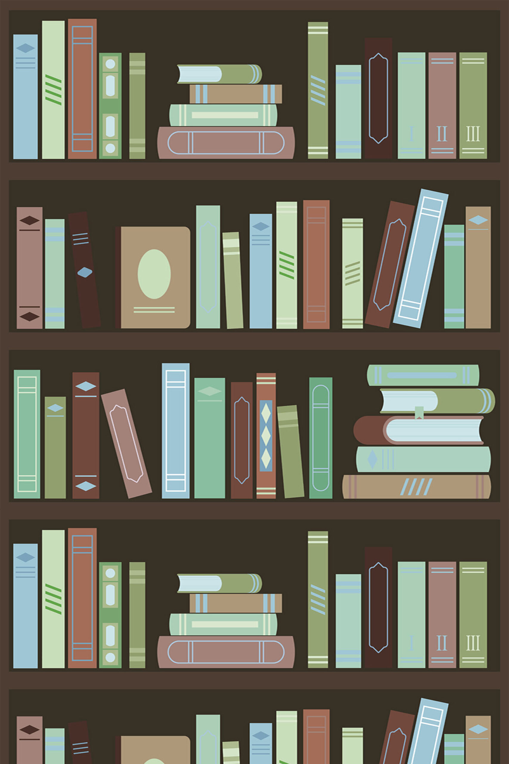 Vintage Brown Bookshelf removable wallpaper with illustrated books lined on shelves in muted greens, blues, and browns.