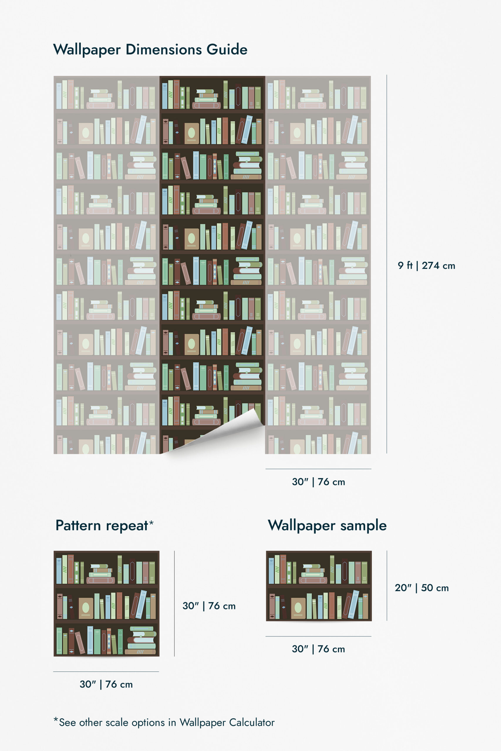Vintage Brown Bookshelf shows self-adhesive wallpaper for walls in a bookshelf pattern layout with panel size labeled 9 ft by 30 inches.