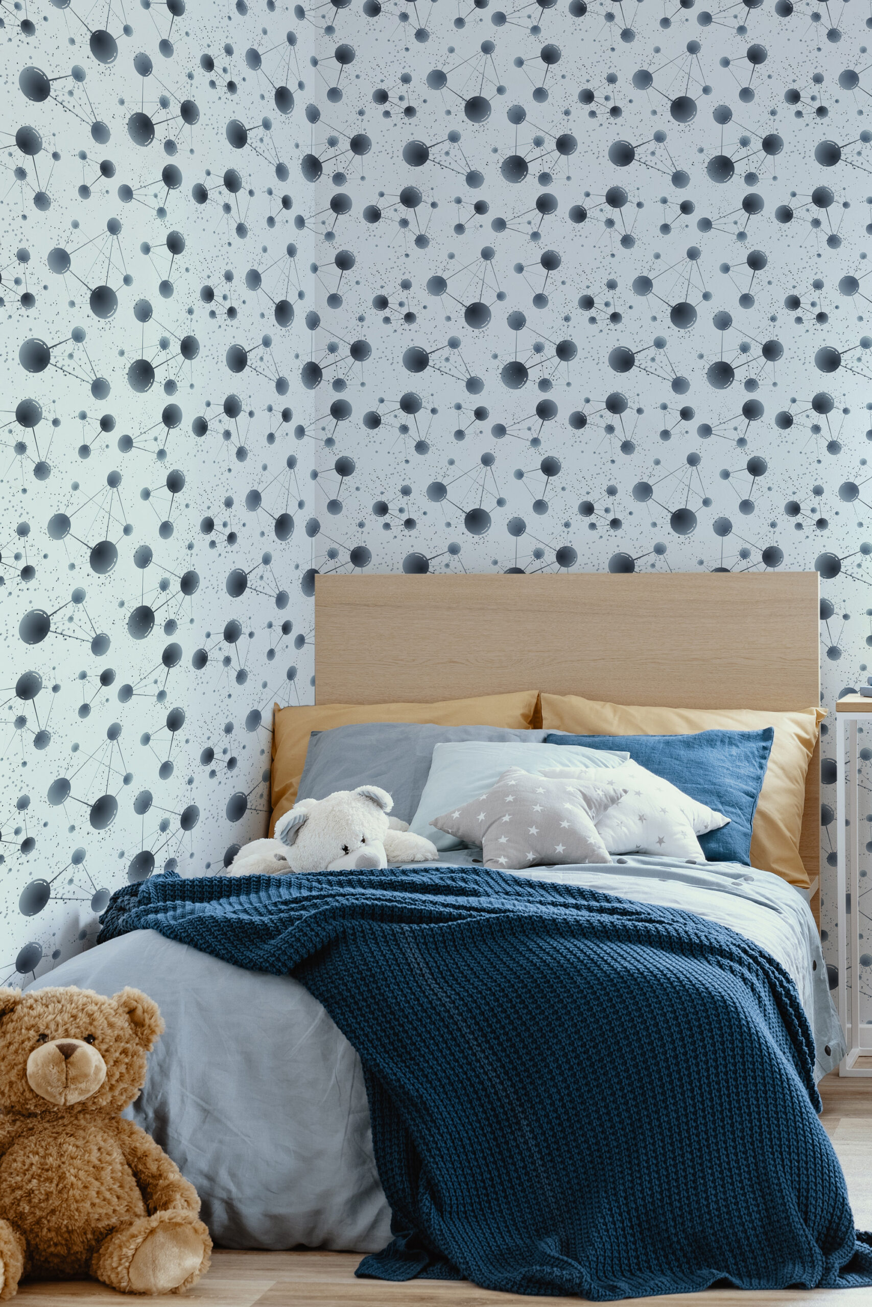 Fine Blue Network Orbs pre-pasted wallpaper with connected blue spheres on a pale background in a bedroom.