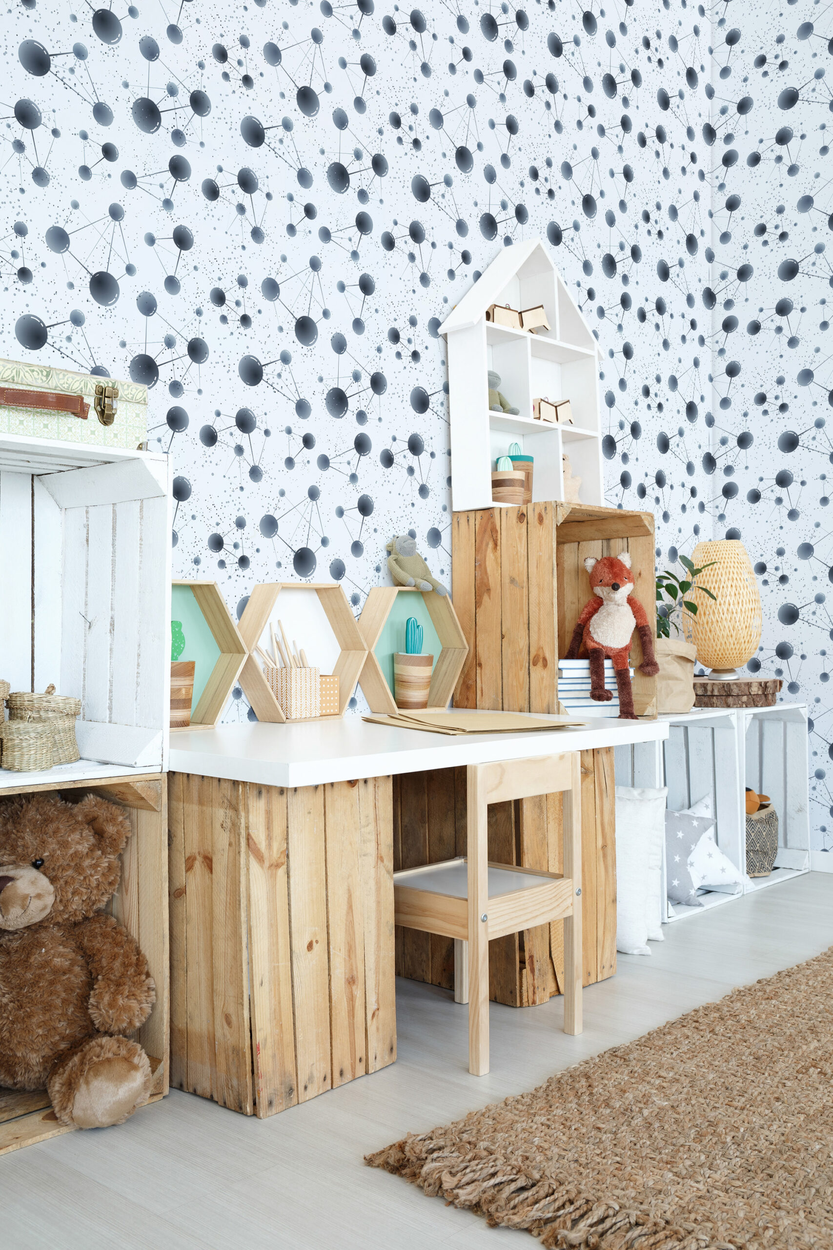 Fine Blue Network Orbs non-pasted wallpaper with connected navy circles and fine dots covering a kids´ room wall.