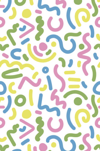 Bold White Squiggle removable wallpaper with scattered squiggles and curved dashes in blue, pink, green, and yellow on white.