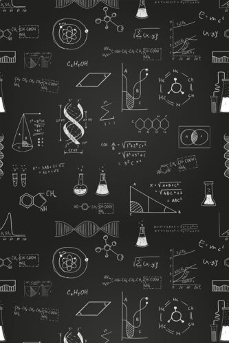Scientific Chalkboard Black Line Art removable wallpaper with white science formulas, graphs, and lab sketches on a black background.