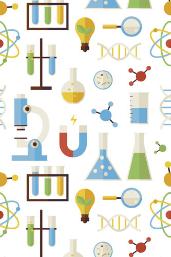 Playful White Science removable wallpaper with colorful lab icons like microscopes, beakers, DNA strands, and magnets on white.