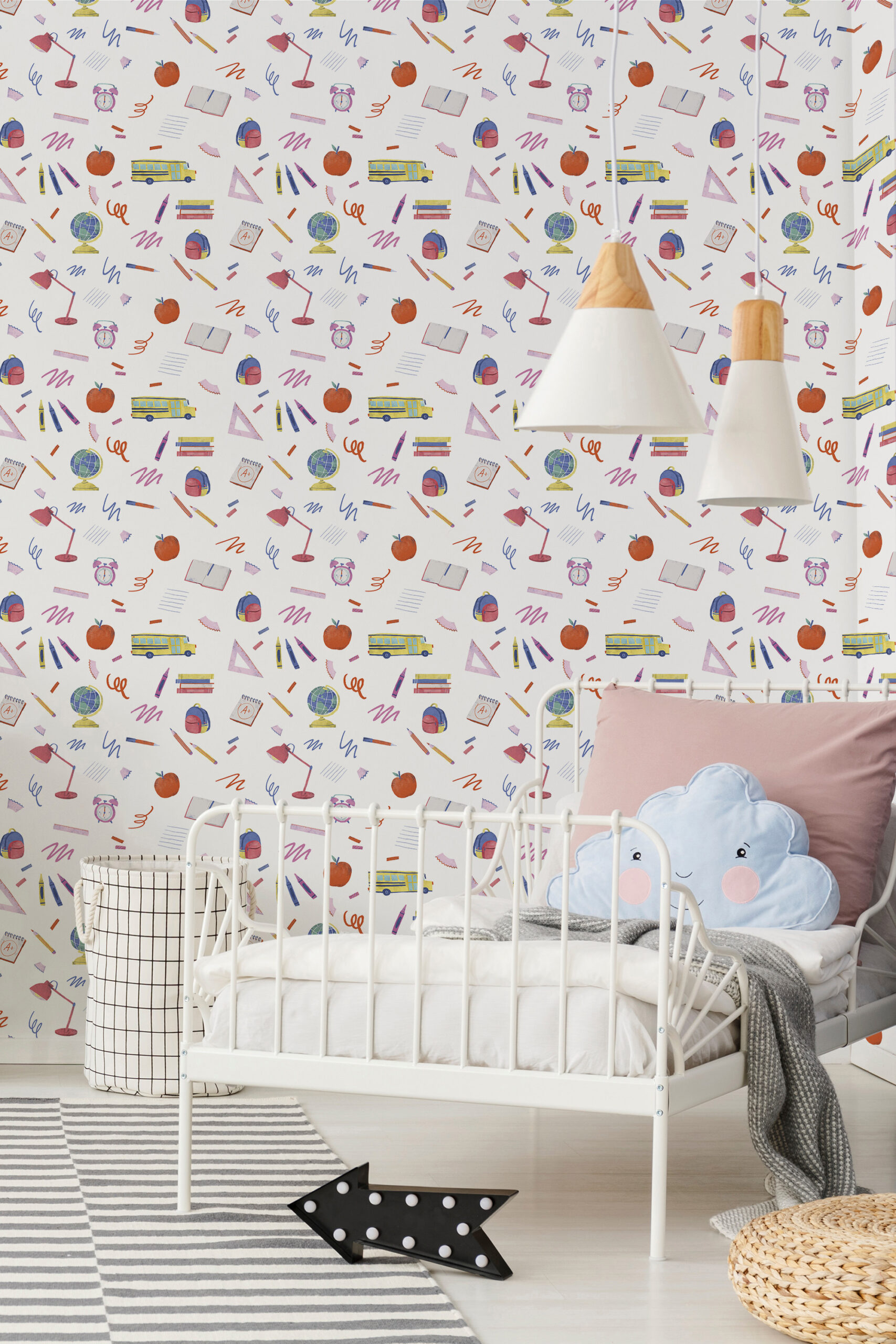 Whimsical White School Icons self-adhesive wallpaper with scattered buses, globes, apples, pencils, and doodles on a white background.