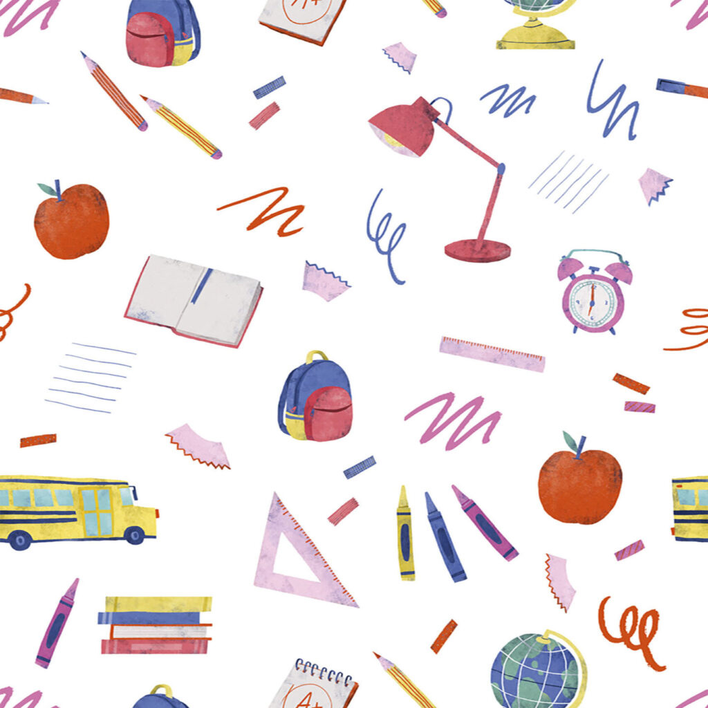 Wallpaper pattern with doodles of backpacks, school bus, apples, crayons, books and rulers