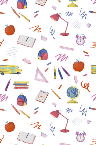 Whimsical White School Icons removable wallpaper with watercolor school supplies, apples, and buses scattered on a white background.