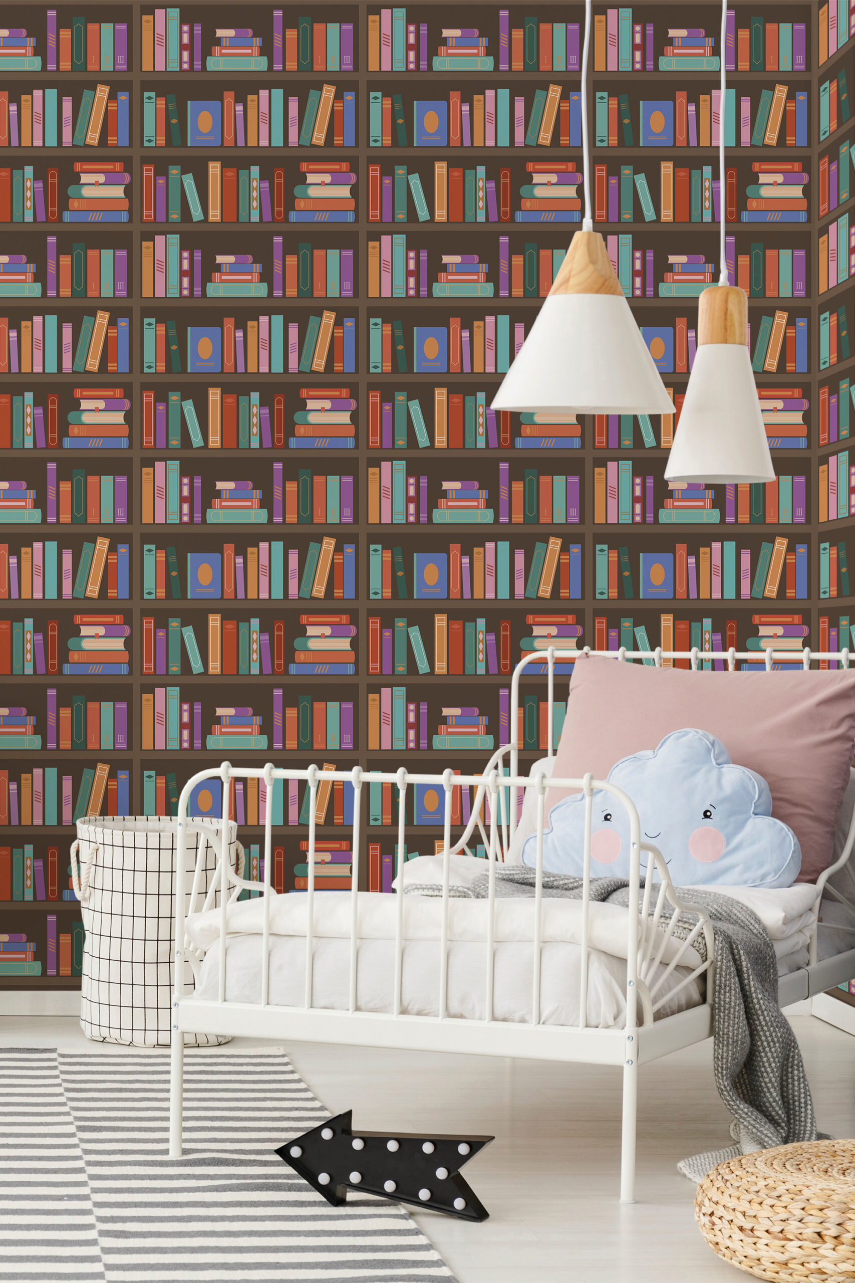 Bold Brown Bookshelf self-adhesive wallpaper with colorful book spines and stacked books in a repeating shelf pattern.