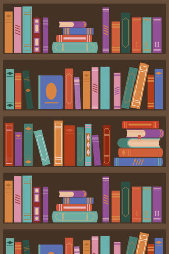 Bold Brown Bookshelf removable wallpaper with colorful book spines and stacked books on dark brown shelves.