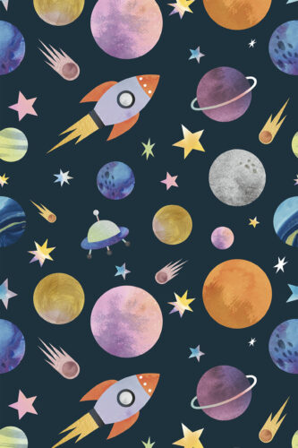 Dense Teal Space removable wallpaper with colorful planets, rockets, comets, and scattered stars on a dark teal background.