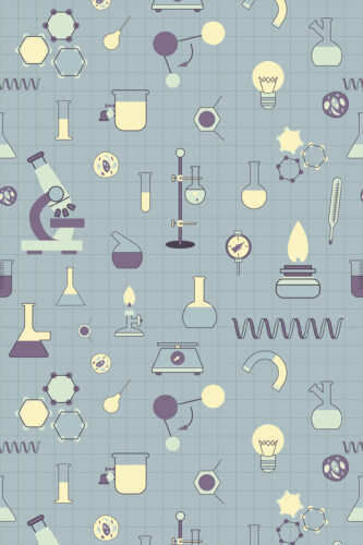 Playful Teal Science Icons removable wallpaper with a light teal grid and scattered lab tools, molecules, and microscopes.