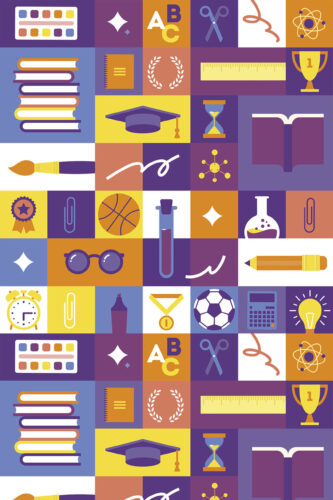 Purple School Icons Collage removable wallpaper with colorful tile blocks showing books, rulers, scissors, glasses, and a lightbulb.