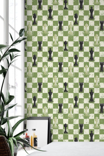Bold Green Chess peel and stick wallpaper with a green checkerboard grid and chess piece silhouettes across the full wall.