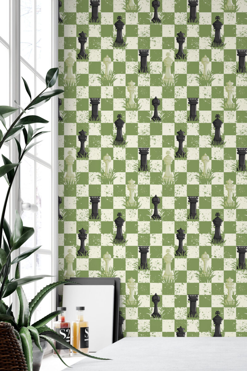 Bold Green Chess peel and stick wallpaper with a green checkerboard grid and chess piece silhouettes across the full wall.