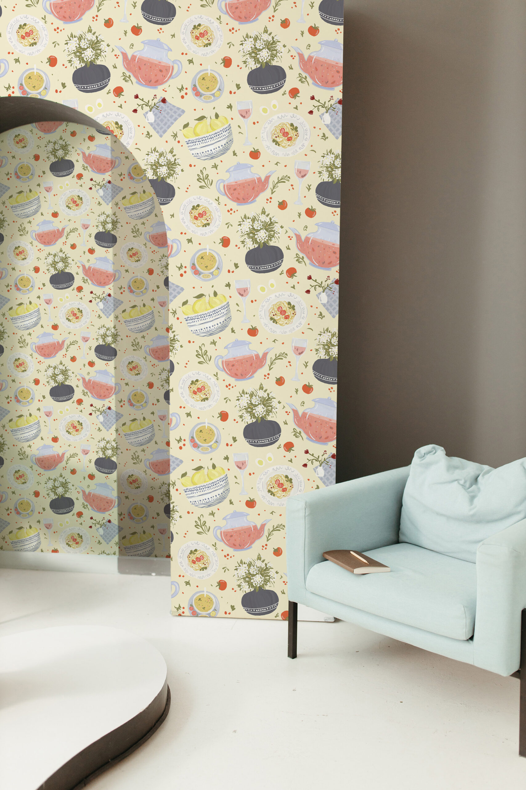 Whimsical Cream Dinnerware peel and stick wallpaper with teapots, plates, bowls, and tiny tomatoes across an accent wall.