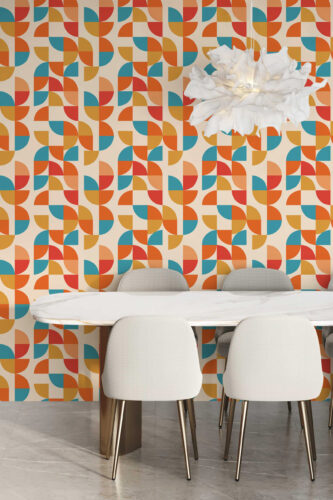 Retro Cream Geometric peel and stick wallpaper in a dining area, with colorful quarter-circle shapes covering the wall behind a table.