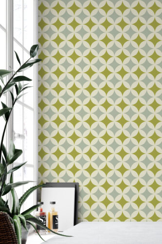 Green Retro Geometric peel and stick wallpaper with overlapping cream circles and olive diamonds on a pale blue background.