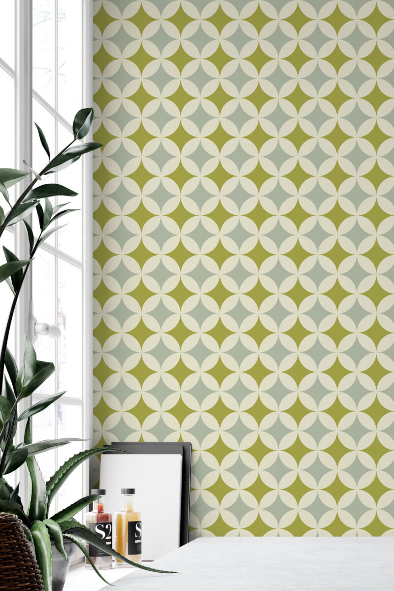 Green Retro Geometric peel and stick wallpaper with overlapping cream circles and olive diamonds on a pale blue background.