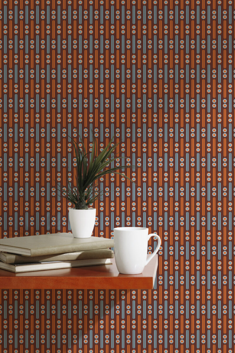 Retro Burgundy Geometric self-adhesive wallpaper with teal stripes and dotted circles, shown behind a small table.