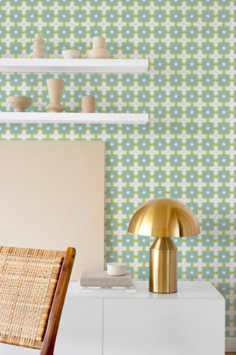 Retro Mint Geometric peel and stick wallpaper with repeating mint square grid and mustard lines behind floating shelves.