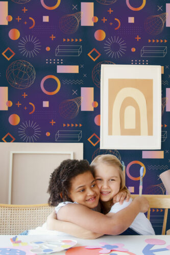 Bold Navy Geometric Shapes peel and stick wallpaper with colorful circles, grids, and abstract shapes on a deep blue background.