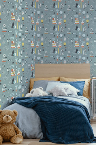 Playful Teal Science Icons peel and stick wallpaper with microscopes, DNA strands, and globes on a bedroom accent wall.