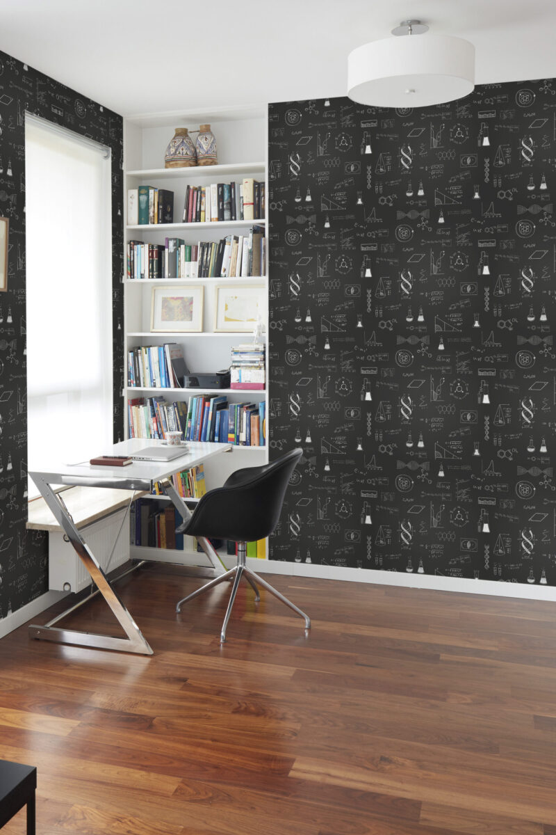 Scientific Chalkboard Black Line Art peel and stick wallpaper covers an office wall with white science sketches on black.