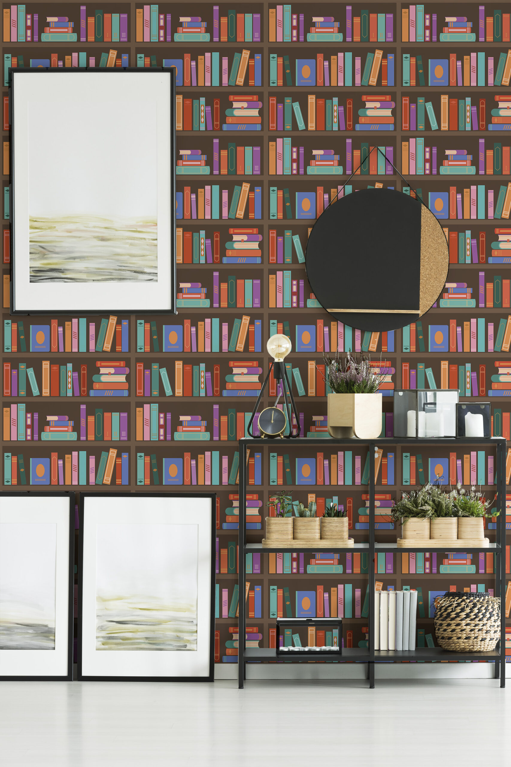 Bold Brown Bookshelf peel and stick wallpaper with colorful illustrated book spines arranged in neat rows on dark wood shelves.