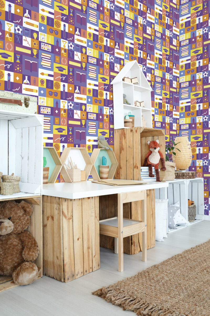 Purple School Icons Collage peel and stick wallpaper covers the corner wall with colorful school supplies, books, and sports icons.