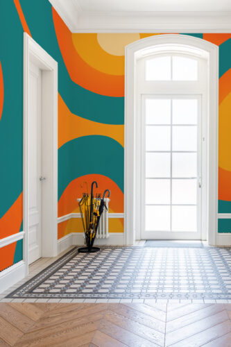 Groovy Circle Waves pre-pasted wall mural wraps the entryway around a tall glass door with teal, orange, and mustard circle waves.