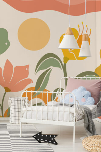 Retro Sunlit Garden Botanical pre-pasted wall mural in a kids' bedroom, with oversized flowers and sun shapes in peach, green, and yellow.