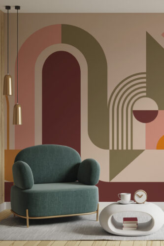 Retro Arches and Circles self-adhesive wall mural across a living room accent wall with layered arches and circles in muted pink, olive, and burgundy.