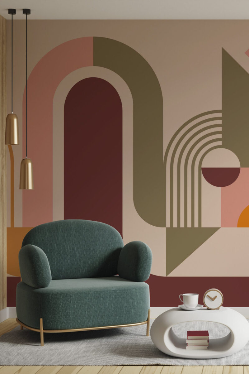 Retro Arches and Circles self-adhesive wall mural across a living room accent wall with layered arches and circles in muted pink, olive, and burgundy.