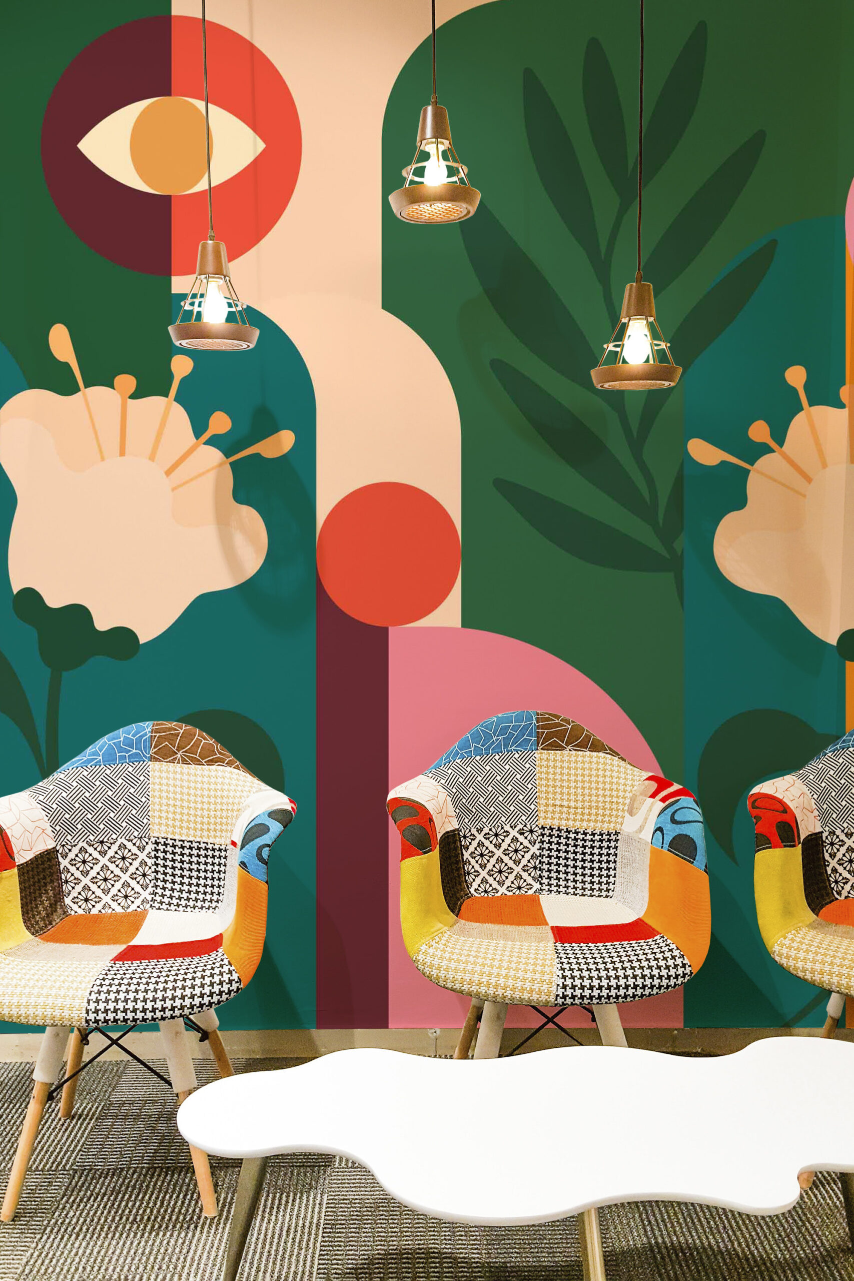 Retro Floral Garden peel and stick wall mural spans an accent wall featuring bold geometric blooms and leafy shapes in green, coral, and cream.