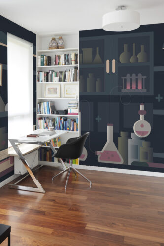 Moody Science Lab peel and stick wall mural with dark lab shelves and oversized beakers, covering an office wall behind a desk.