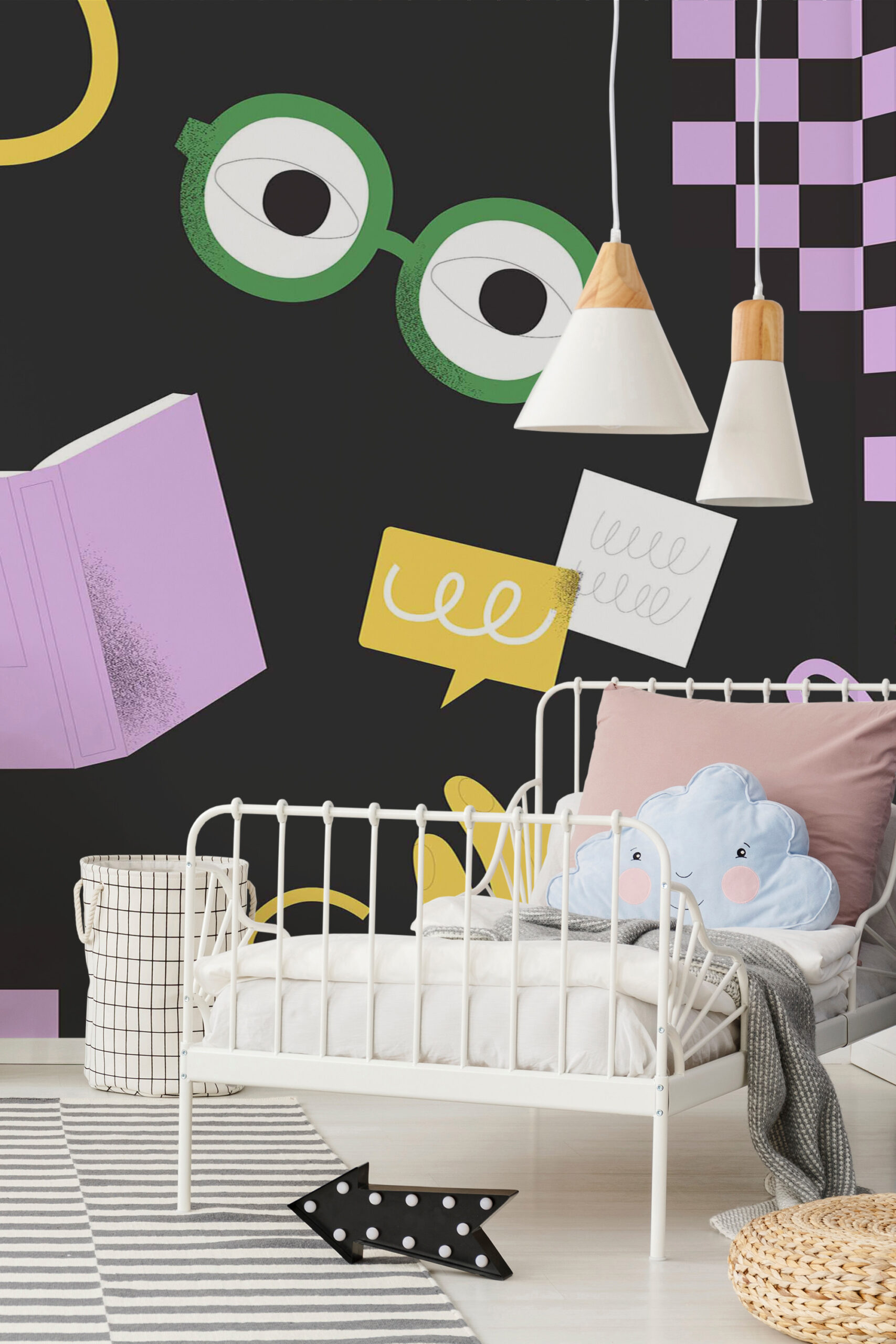 Study Doodles: a non-pasted wall mural behind a child’s white metal bed, featuring playful glasses and pastel paper shapes on a black background.