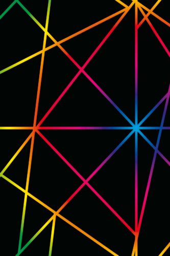 Neon Geometric Mesh wallpaper mural with intersecting rainbow gradient lines forming an abstract geometric network on black.